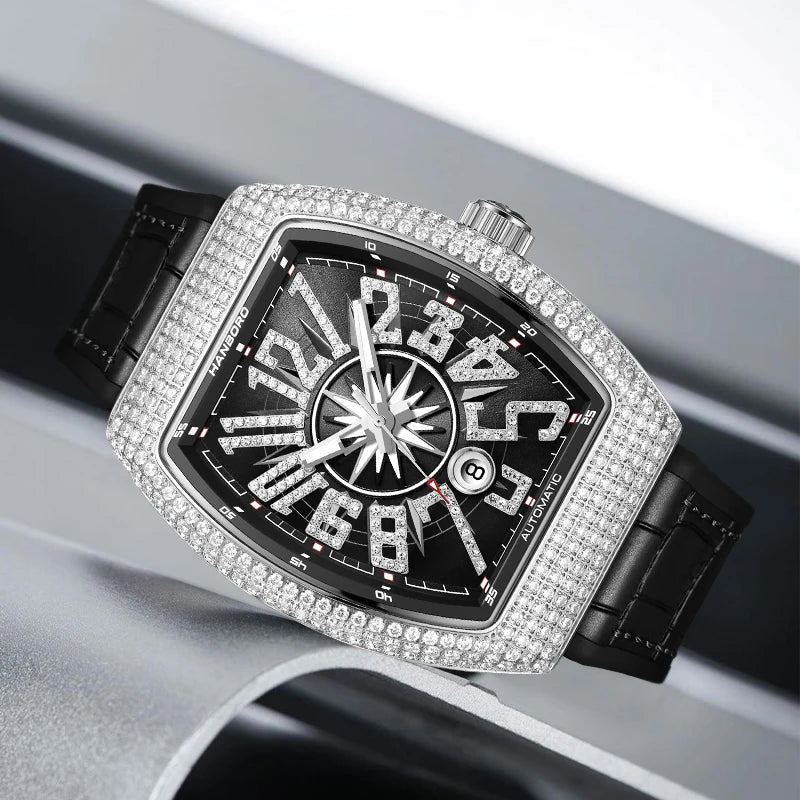 HANBORO Men Automatic Watch Luxury 53.8mm*43.5mm Mechanical Wristwatch Luminous Tonneau Case Waterproof 445 Pics Crystal