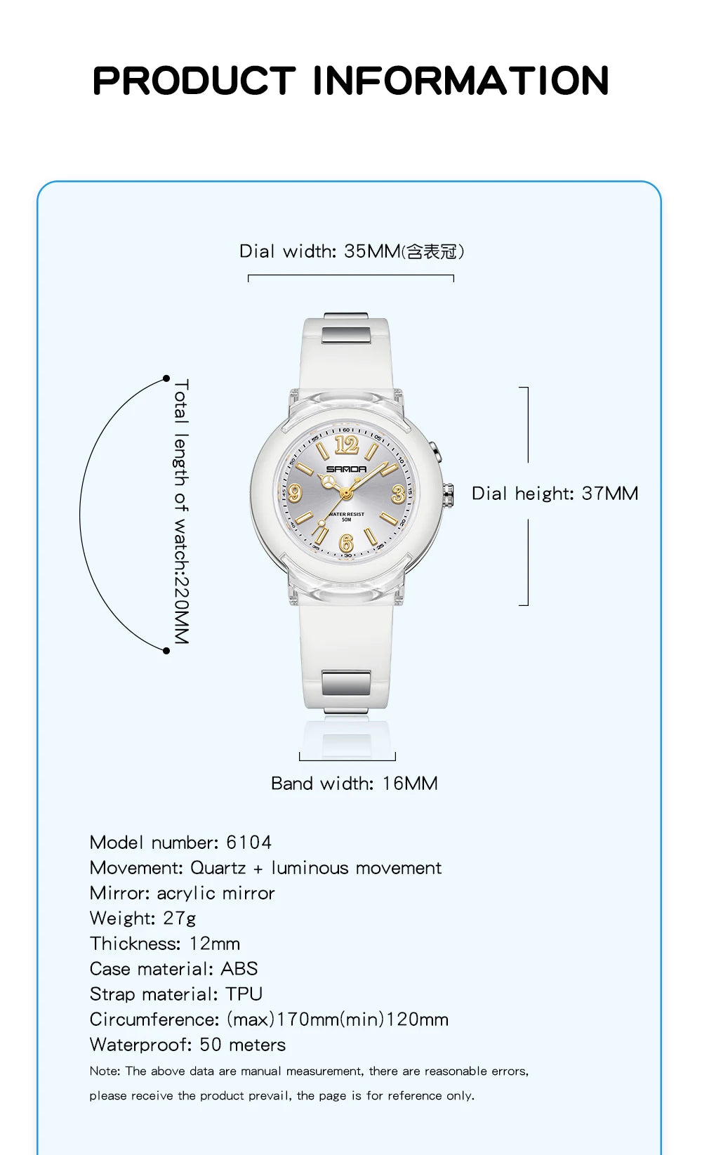Fashion Trend Outdoor Leisure Temperament Versatile for Girls 2024 New Sanda 6104 Watch Quartz Watch LED Light