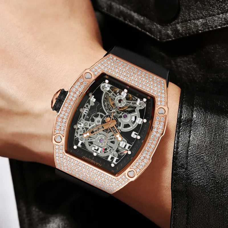 HANBORO Men Automatic Watch 50mm Luxury Mechanical Wristwatch Luminous Skeleton Tonneau Waterproof Rubber Strap Crystal Bezel