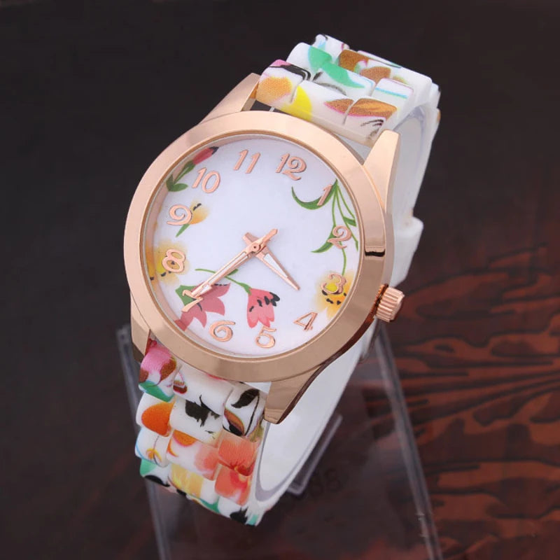 WristWatches Silicone Girl Flower Causal Watch Quartz Printed Women OR Women's Leather Watch Straps Light Up Watches for Women