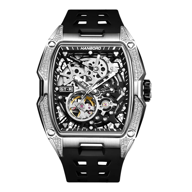 HANBORO Men Automatic Watch 52mm Luxury Mechanical Wristwatch Luminous Tonneau Crystal Bezel Hollow Out Dial