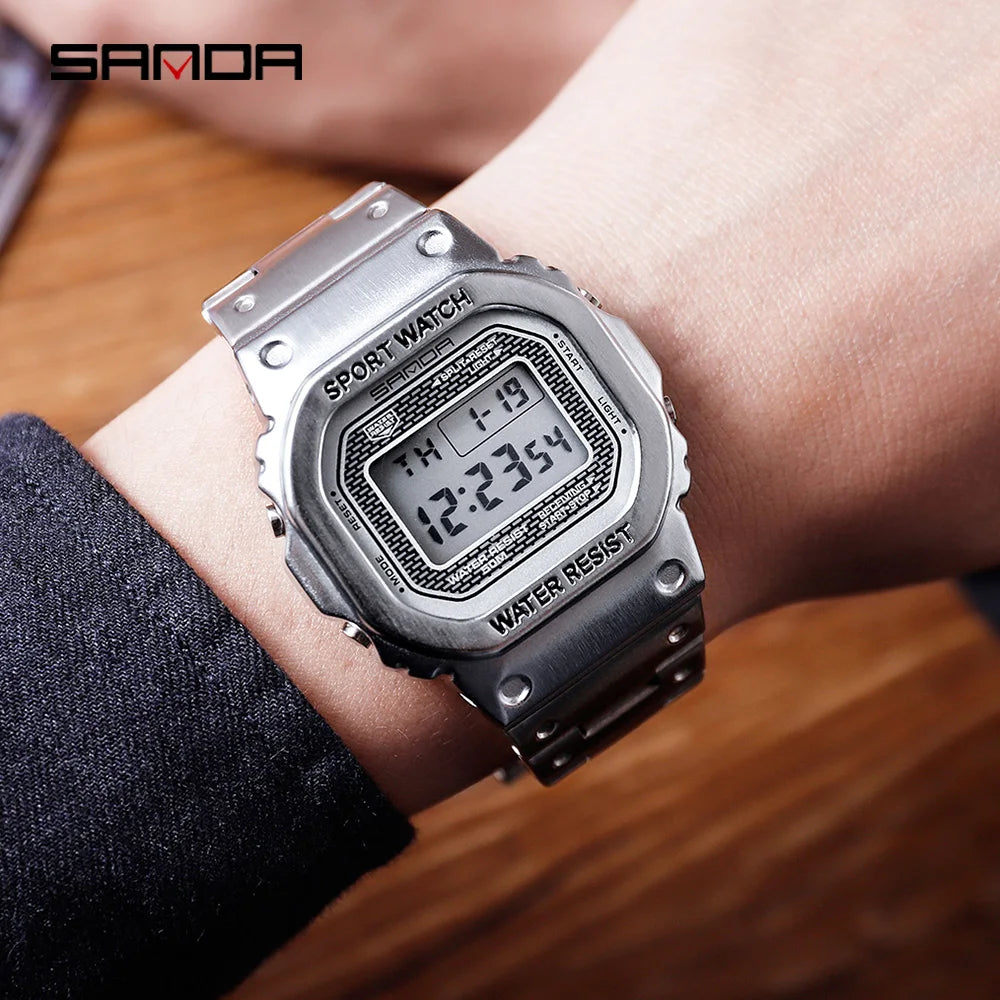 Fashion Sanda Top Brand Military Sport Men Clock 50m Waterproof Square Watches Full Stainless Steel Strap Digital Reloj Hombre