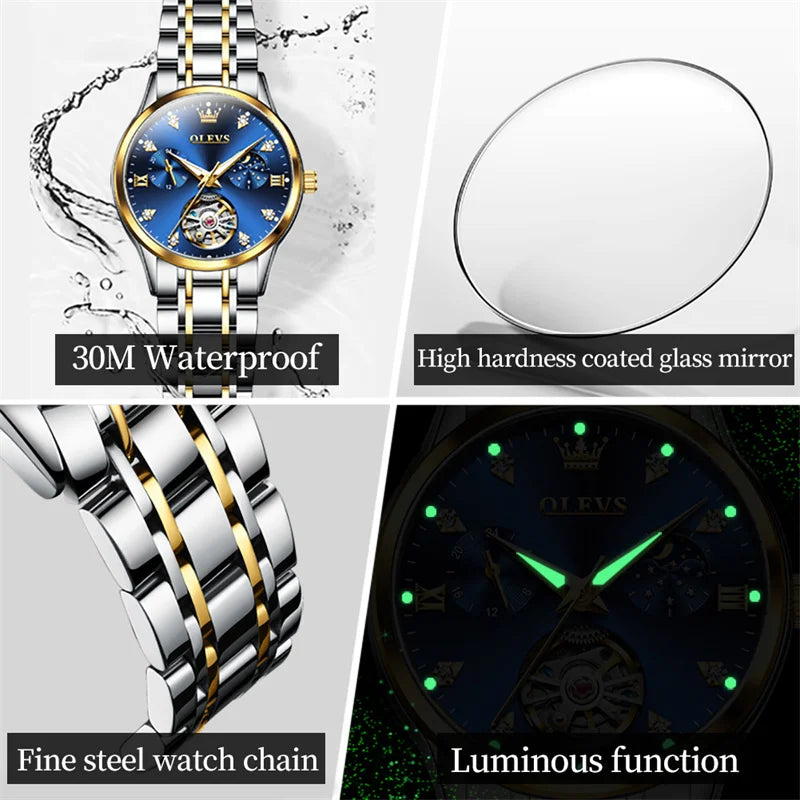 OLEVS Fashion Moon Phase Tourbillon Women Watch Luxury Brand Stainless Steel Automatic Mechanical Watch Waterproof Reloj Mujer