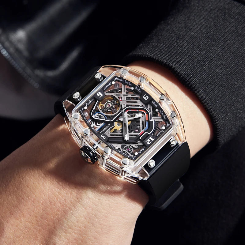 HANBORO Men Automatic Watch 42.5mm*52mm Mechanical Wristwatch Luminous Tonneau Transparent Acrylic Case Waterproof Skeleton Dial