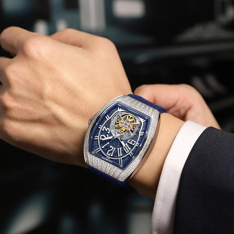 HANBORO Men Automatic Watch Luxury 53.8mm*43.5mm Mechanical Wristwatch Luminous Tonneau Crystal Case Waterproof Skeleton Dial