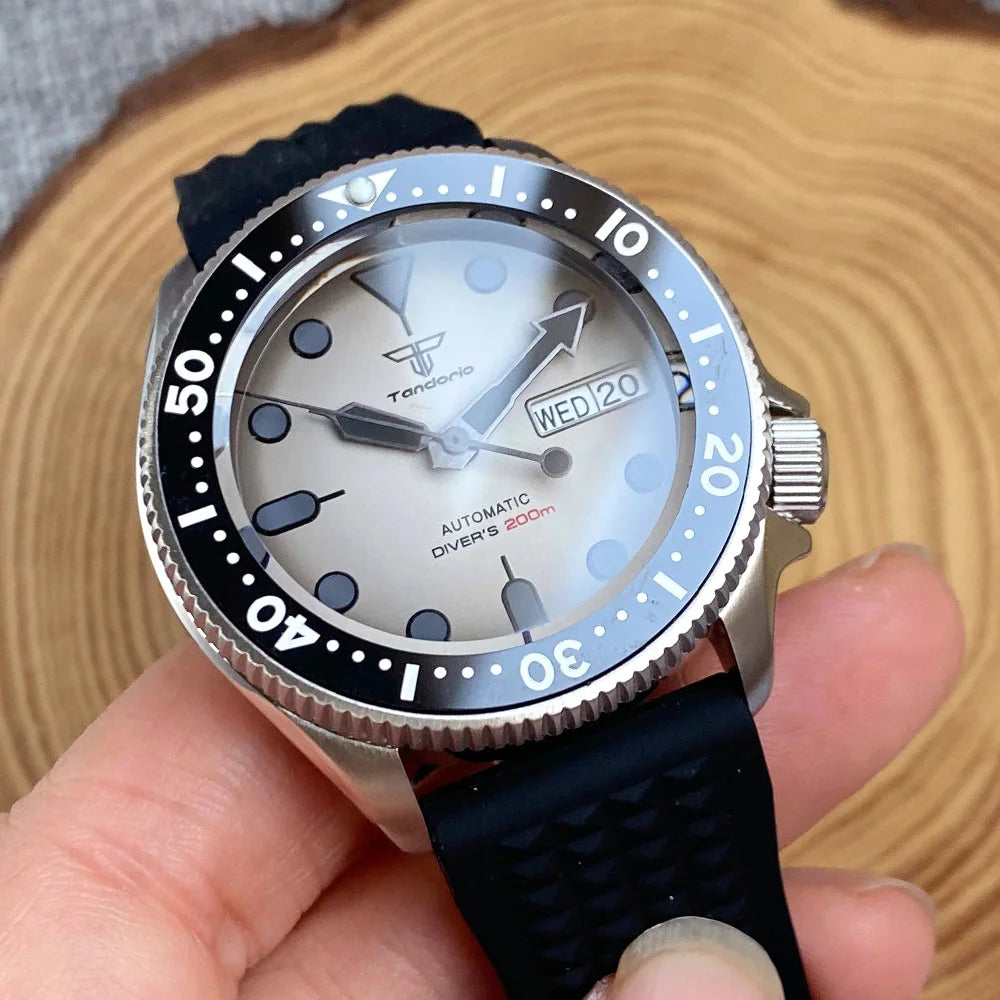 Tandorio 37MM Diver Watch S NH36 Automatic Men Wristwatch Weekday 120 clicks Bezel Flat Sapphrie Glass Waffle Band Black Index