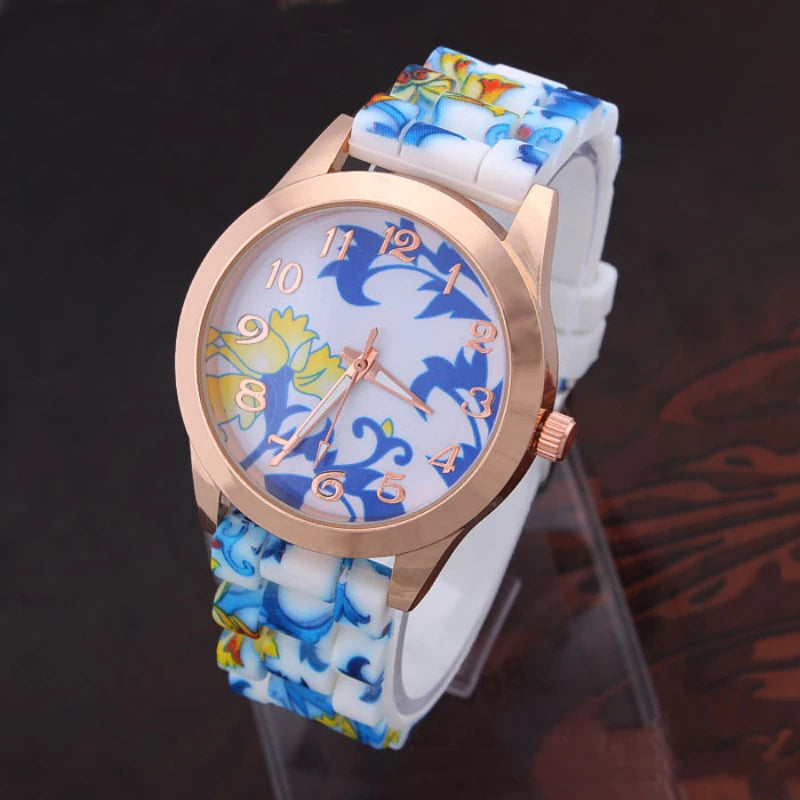 WristWatches Silicone Girl Flower Causal Watch Quartz Printed Women OR Women's Leather Watch Straps Light Up Watches for Women