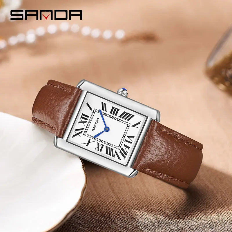 New Fashion Sanda Top Brand Rectangular For Women Man Silver Case Luxury Leather Band Quartz Clock Zegarek Damski Wrist Watches