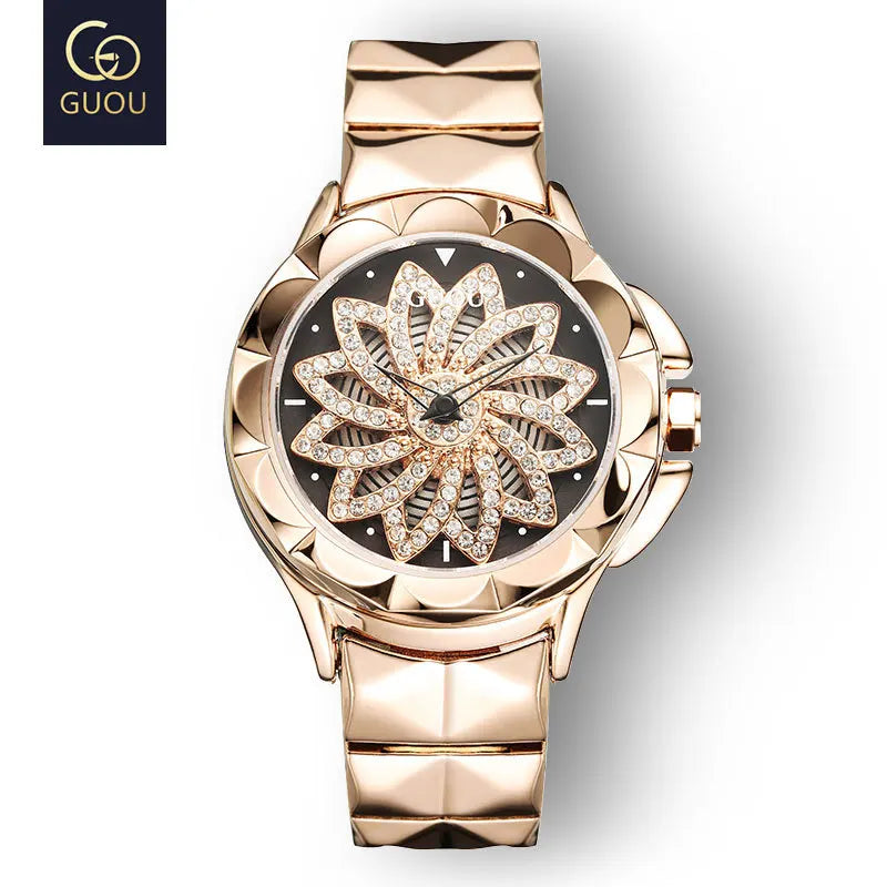 Fashion Guou Women's Rotating Dial Luxury Diamonds Rhinestone Starry Clock Rose Gold Ladies Genuine Leather & Full Steel Watches