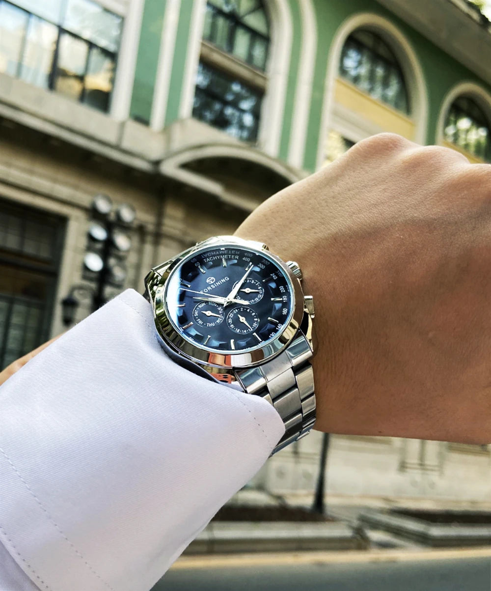 Forsining Top Brand Style Automatic Full Stainless SteelWatch Men Mechanical Business Wristwatch With Calendar Luminou Pointers