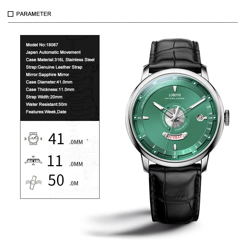 LOBINNI Men Automatic Watch 41MM Top Luxury Brand Mechanical Wristwatch Sapphire Luminous Dual Calendar Week Date