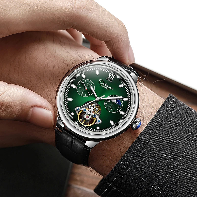 BOLYTE New Fashin Men's Automatic Watch Skeleton Starry Sky Moon Phase Luminous Waterproof Stainless Steel Mechanical Wristwatch