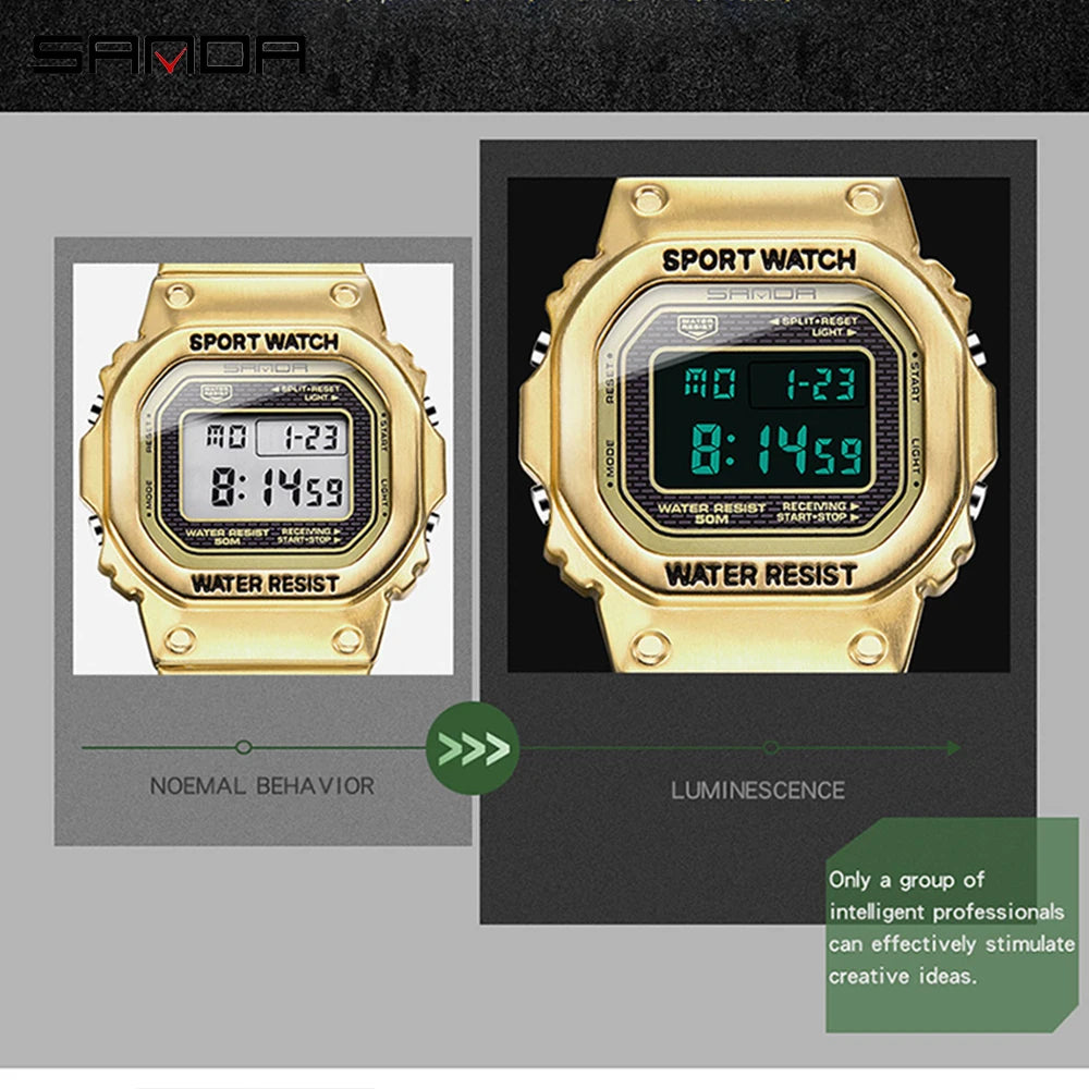 Fashion Sanda Top Brand Military Sport Men Clock 50m Waterproof Square Watches Full Stainless Steel Strap Digital Reloj Hombre