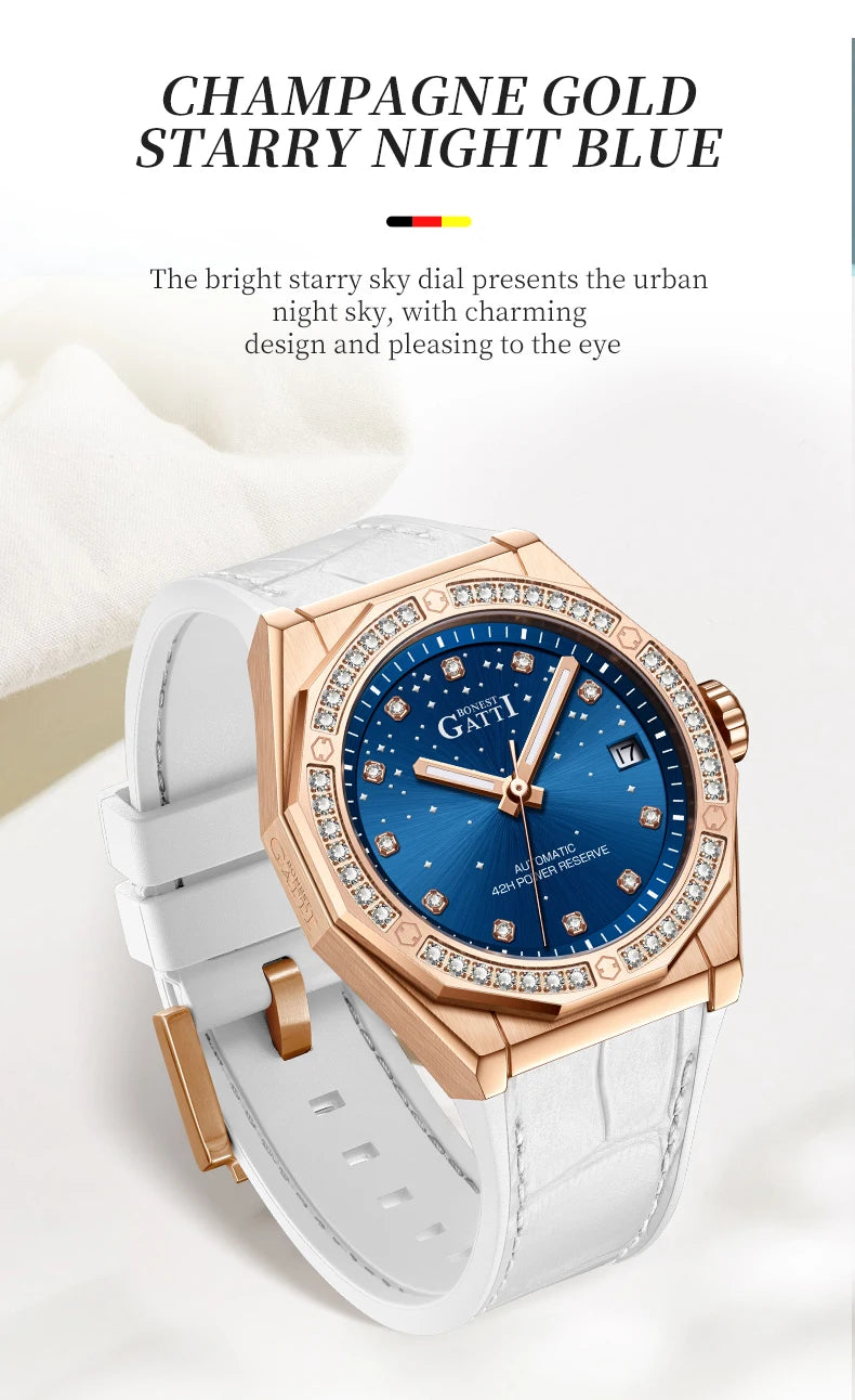 BONEST GATTI Women Automatic Watch Luxury Ladies Watches Mechanical Wristwatch Sapphire Leather Strap Austria Crystal Bezel