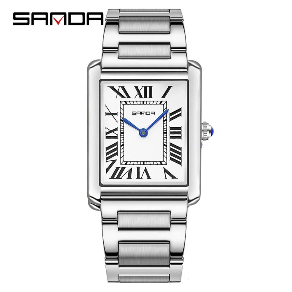 New Fashion Sanda Top Brand Rectangular For Women Man Silver Case Luxury Leather Band Quartz Clock Zegarek Damski Wrist Watches
