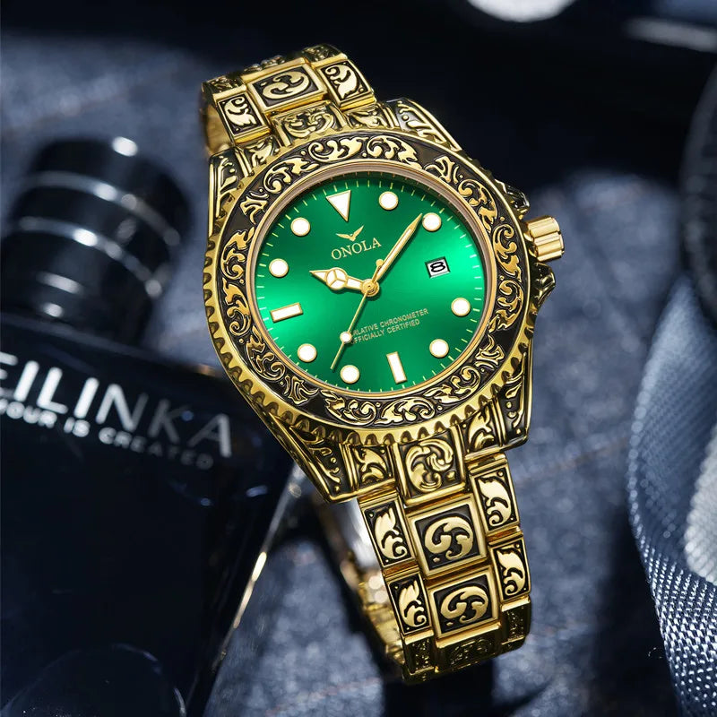 ONOLA brand vintage watch man waterproof Original steel band wristwatch fashion casual luxury gold mens watch relogio masculino