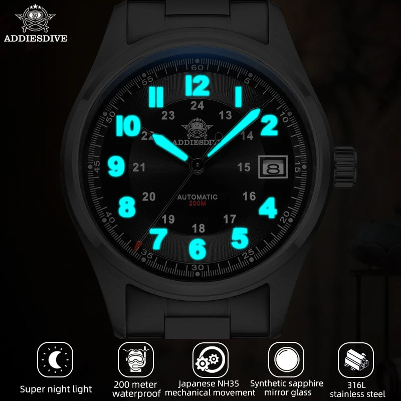 ADDIESDIVE NEW NH35 Sapphire Stainless Steel Automatic Watch 20Bar Dive Men's Mechanical Watches BGW9 Luminous AD2048 Wristwatch