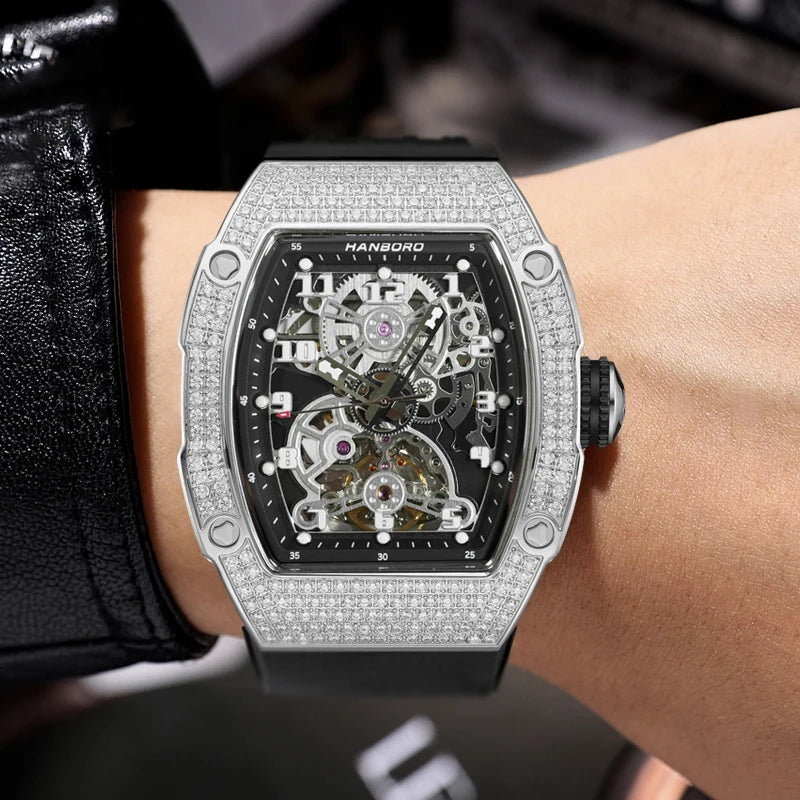 HANBORO Men Automatic Watch 50mm Luxury Mechanical Wristwatch Luminous Skeleton Tonneau Waterproof Rubber Strap Crystal Bezel