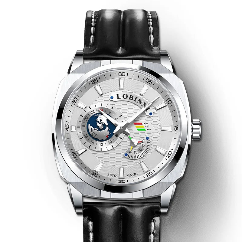 LOBINNI, relojes automáticos para hombre, reloj de lujo, reloj de pulsera mecánico, caja cuadrada luminosa de zafiro, correa de cuero a la moda