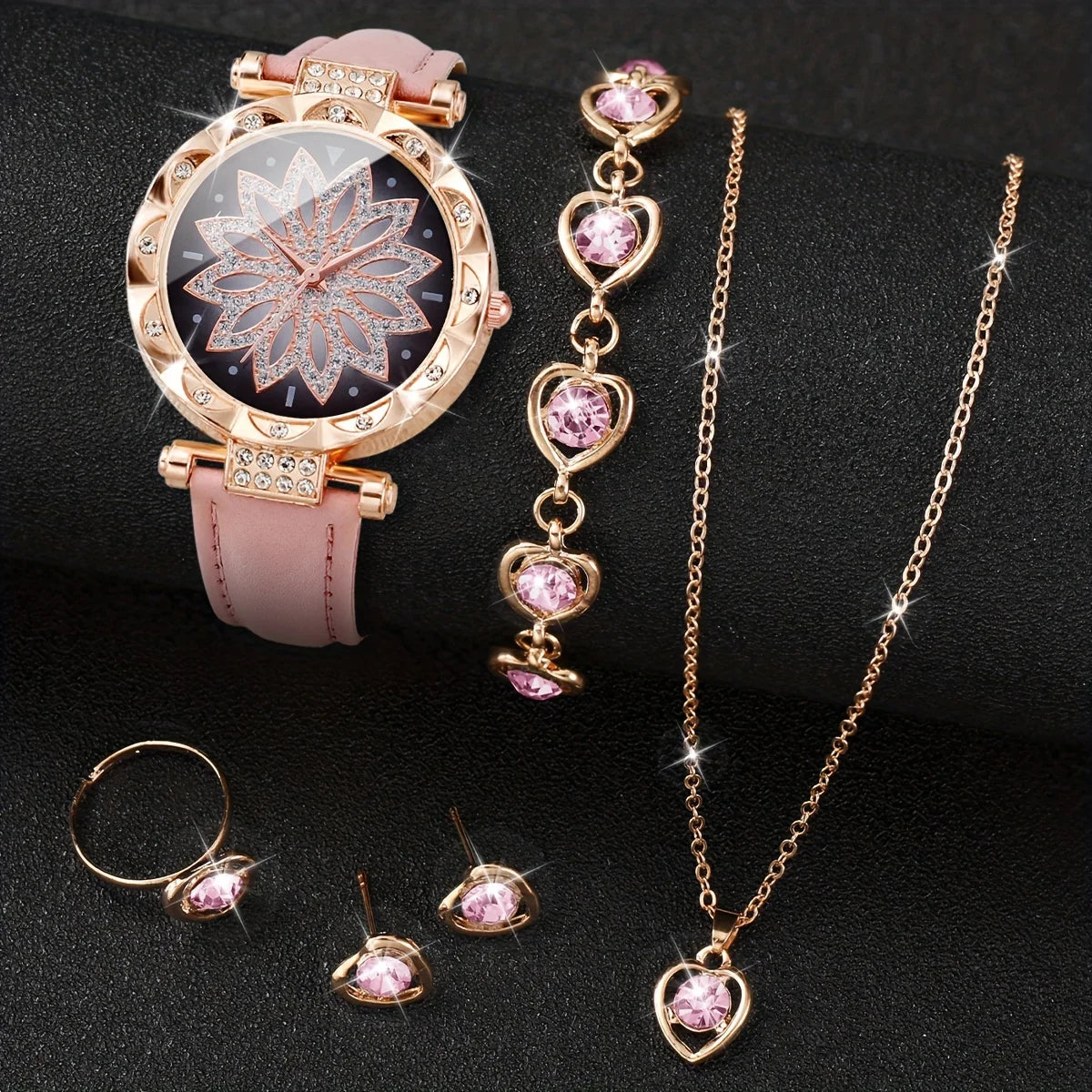 6pcs/set Women's Watch Elegant Rhinestone Flower Quartz Watch Analog PU Leather Wrist Watch & Jewelry Set, Gift For Mom Her