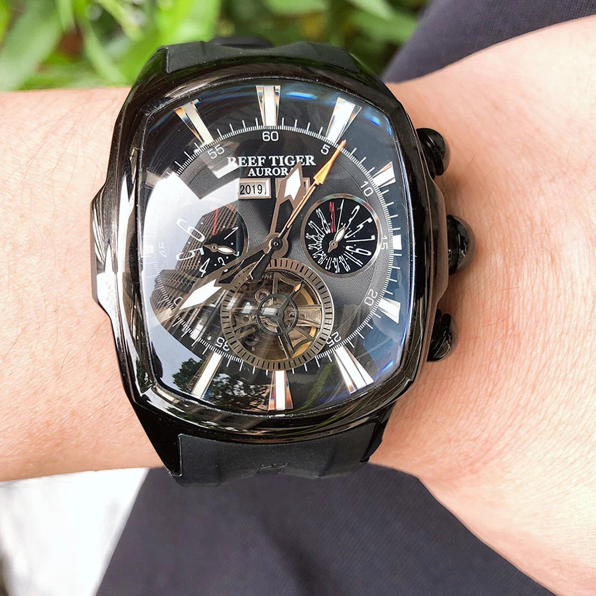 Reef Tiger/RT Designer Men Sport Watches Tourbillon Blue Dial Analog Display Rubber Strap Luminous Clock RGA3069