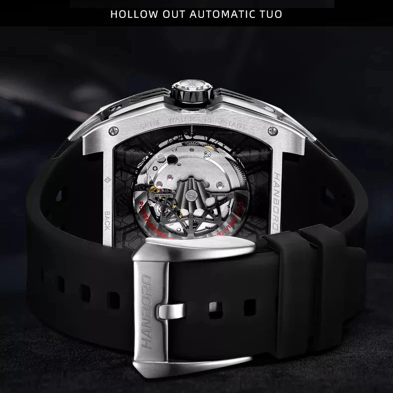 HANBORO Men Automatic Watch 52mm Luxury Mechanical Wristwatch Luminous Tonneau Crystal Bezel Hollow Out Dial