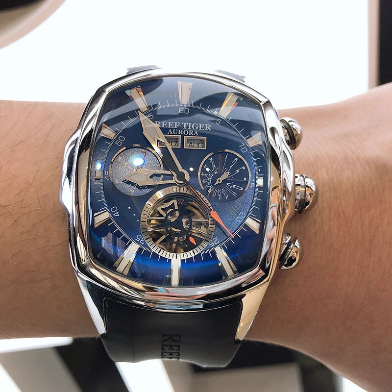 Reef Tiger/RT Designer Men Sport Watches Tourbillon Blue Dial Analog Display Rubber Strap Luminous Clock RGA3069