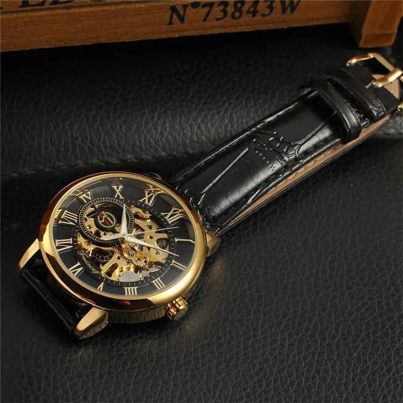 Forsining Transparent Case Fashion Roman Numerial Analog Display Skeleton Hollow Engraving Gold Bezel Mechanical Watches Winner