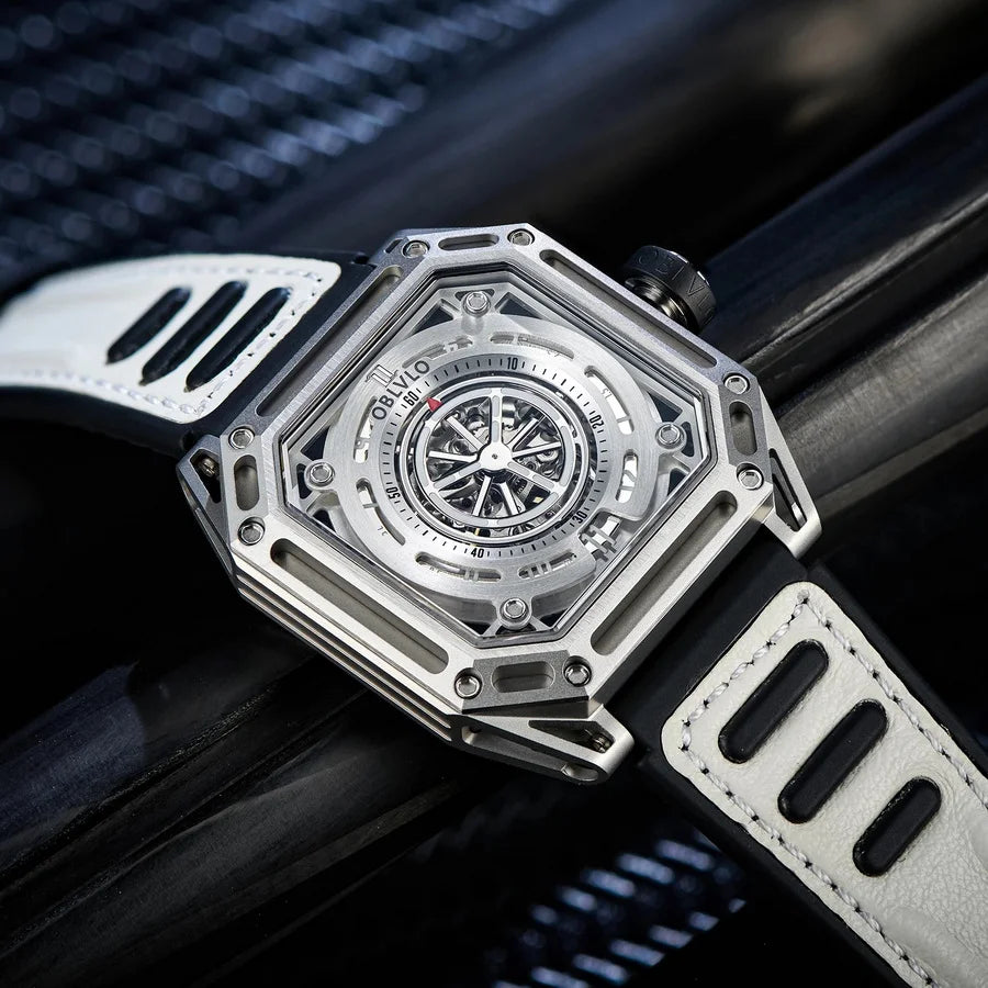 OBLVLO Mens Automatic Watches Luxury Watch Mechanical Wristwatch Fashion Square Skeleton Dial Sapphire 50M Waterproof Military