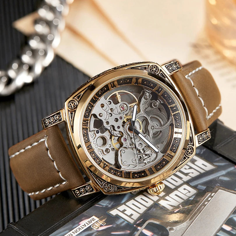 Luxury Automatic Mechanical Watch for Men Hollow Steampunk Dial Skeleton Watches Male Orologio Clock Hombre Relogio Masculino