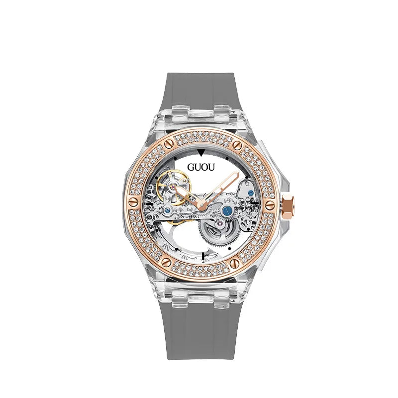 2023 Fashion GUOU Top Brand Simple Women's Waterproof Women's Watch Water Diamond Silicone Tape Trend automatic Mechanical Watch