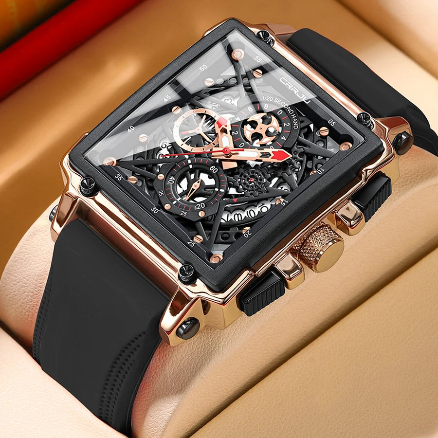 CRRJU Fashion Sports Watches with Large Dial Unique RectangularHollow Design Quartz Wristwatches with Chrongraph Auto Date