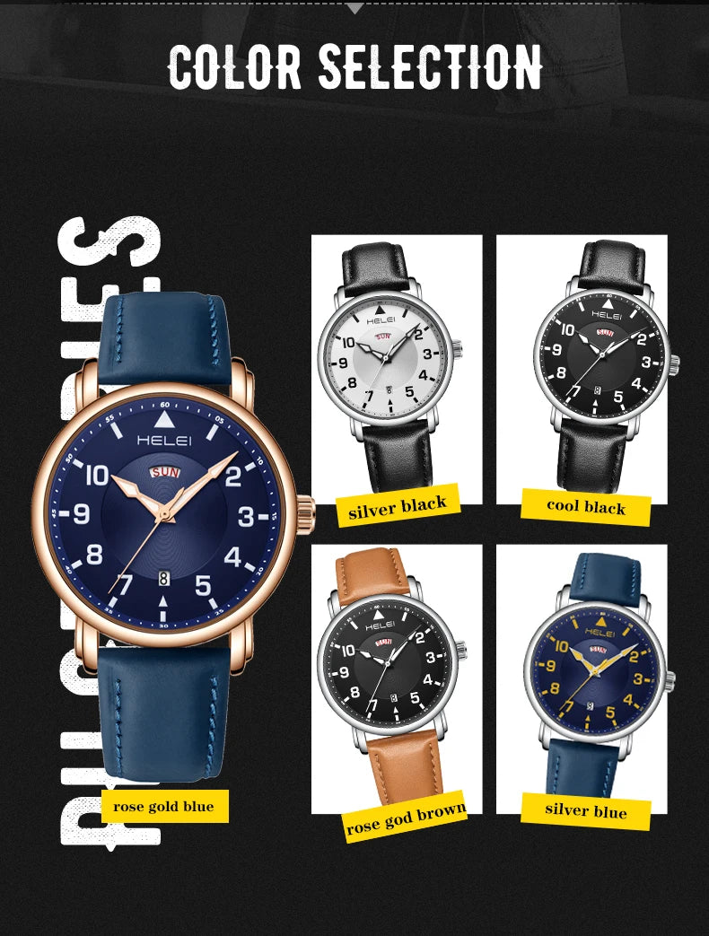 HELEI Fashion new sports casual quartz watch date genuine leather strap men's wristwatch