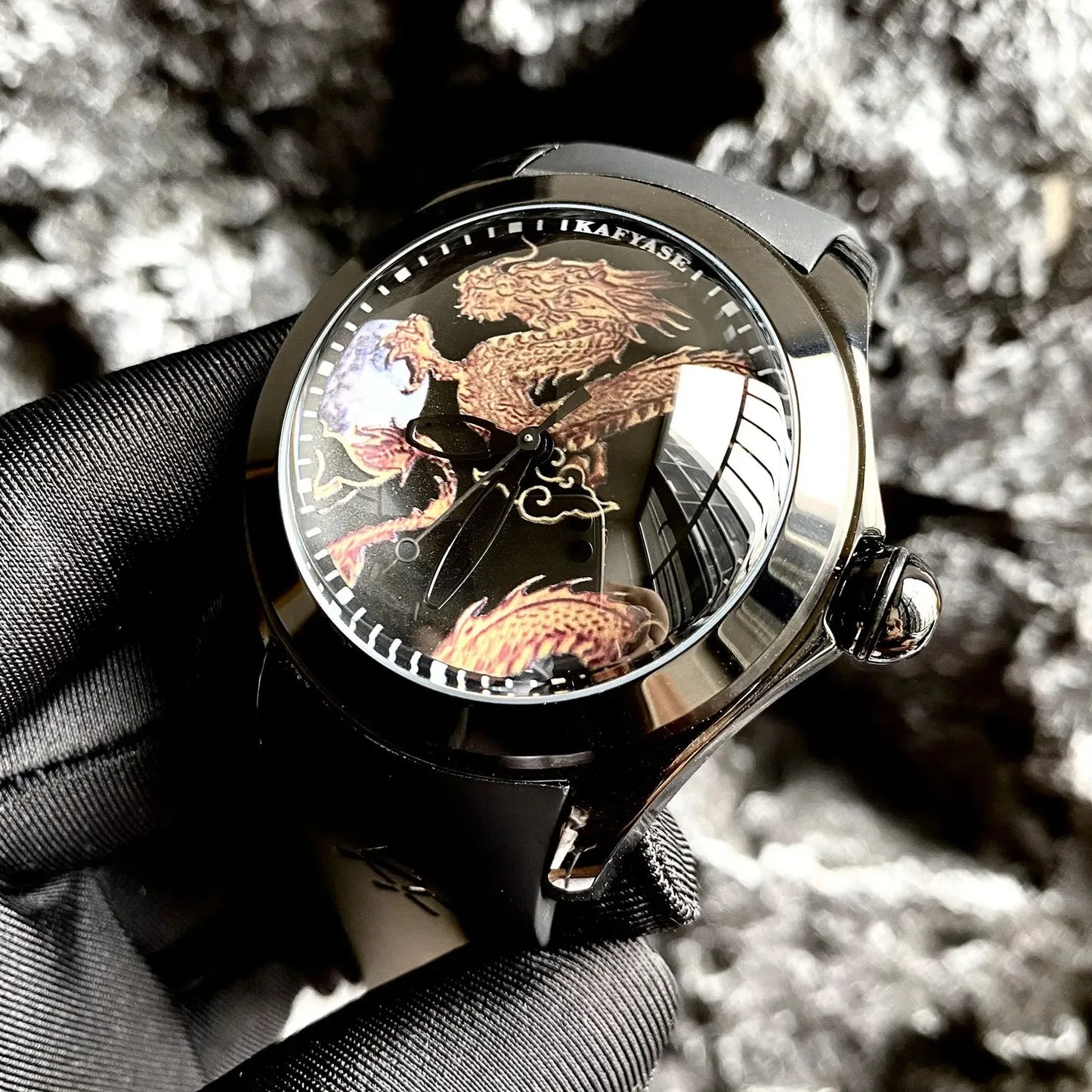 KAFYASE Men Automatic Watch 46mm Luxury Mechanical Wristwatch Bubble Mineral Mirror Rubber Strap Fashion Dial