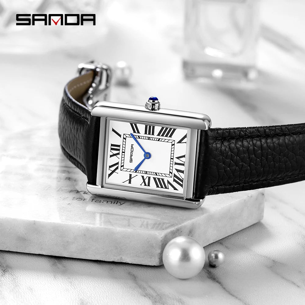 New Fashion Sanda Top Brand Rectangular For Women Man Silver Case Luxury Leather Band Quartz Clock Zegarek Damski Wrist Watches