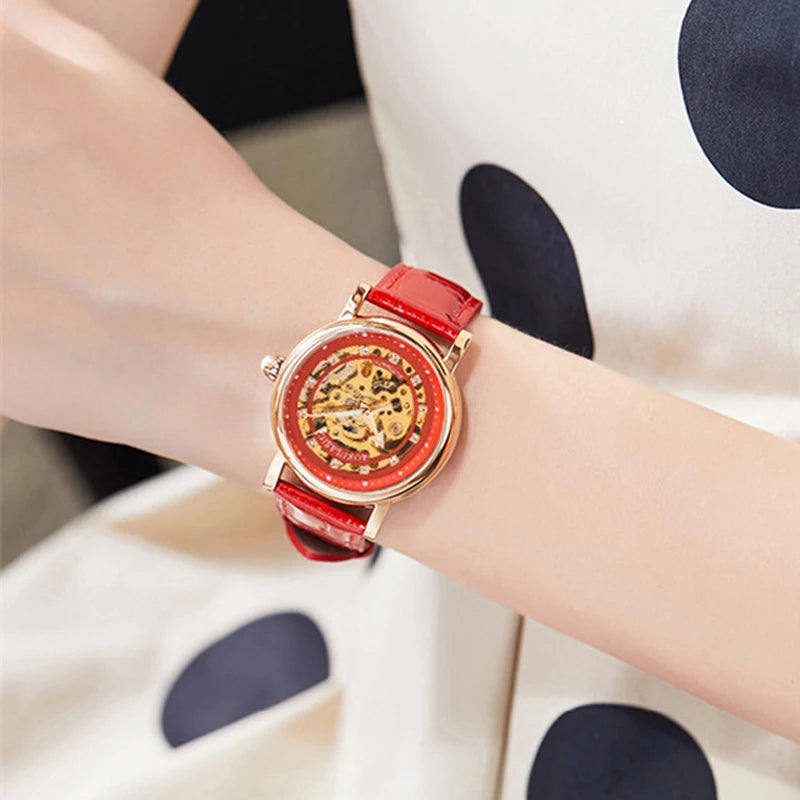 Classic Skeleton Ladies Watch Leather Automatic Mechanical Elegant Lady Watch Waterproof Watches for Woman reloj para mujer