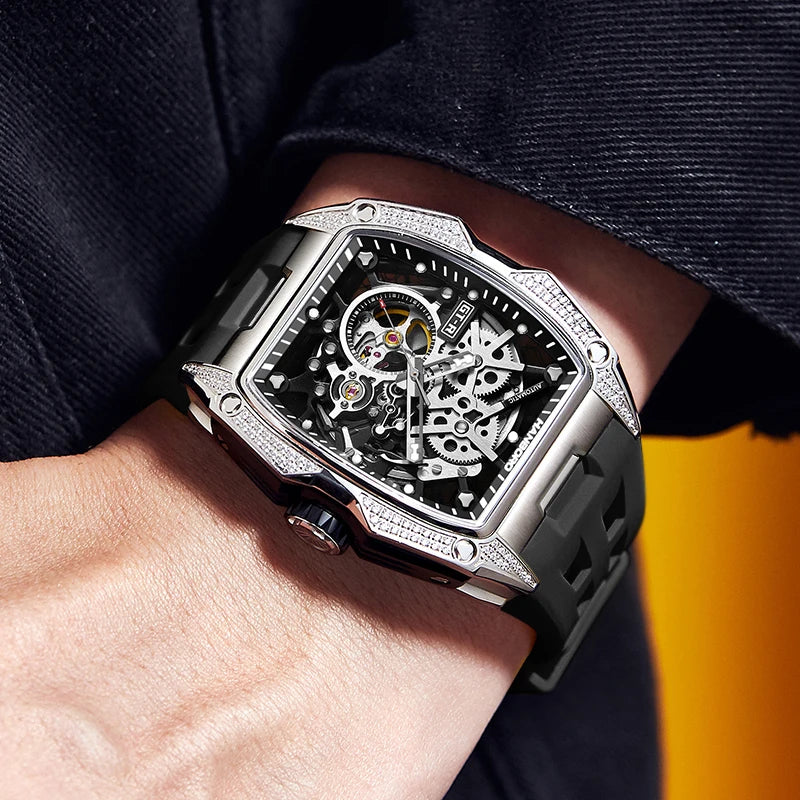 HANBORO Men Automatic Watch 52mm Luxury Mechanical Wristwatch Luminous Tonneau Crystal Bezel Hollow Out Dial