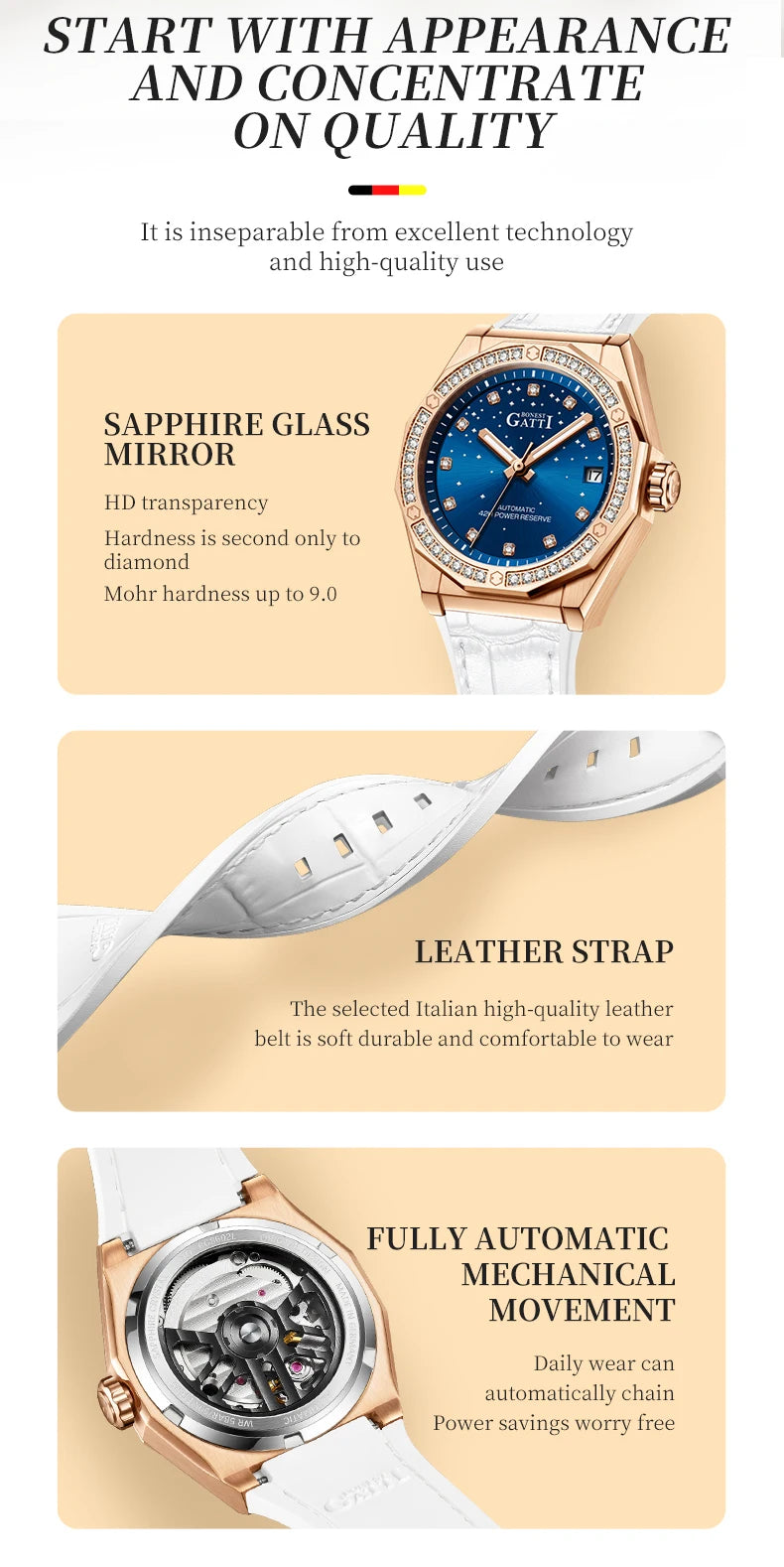 BONEST GATTI Women Automatic Watch Luxury Ladies Watches Mechanical Wristwatch Sapphire Leather Strap Austria Crystal Bezel