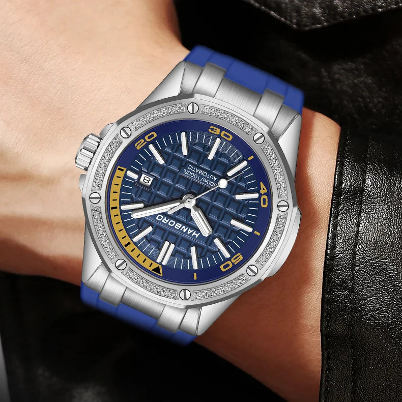 HANBORO Men Luxury Watch 44mm Sport Automatic Watches Fashion Mechanical Wristwatch Waterproof Luminous Rubber Strap Date