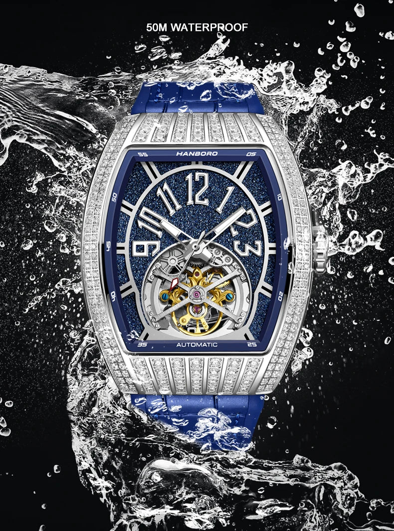 HANBORO Men Automatic Watch Luxury 53.8mm*43.5mm Mechanical Wristwatch Luminous Tonneau Crystal Case Waterproof Skeleton Dial