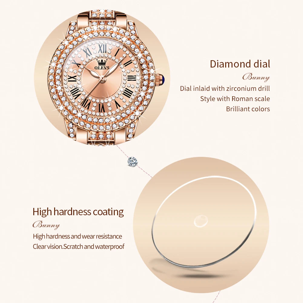 OLEVS Brand Luxury Women's Watches Original Diamond Watch for Women Fashion Elegant Stainless Steel Waterproof Quartz Wristwatch