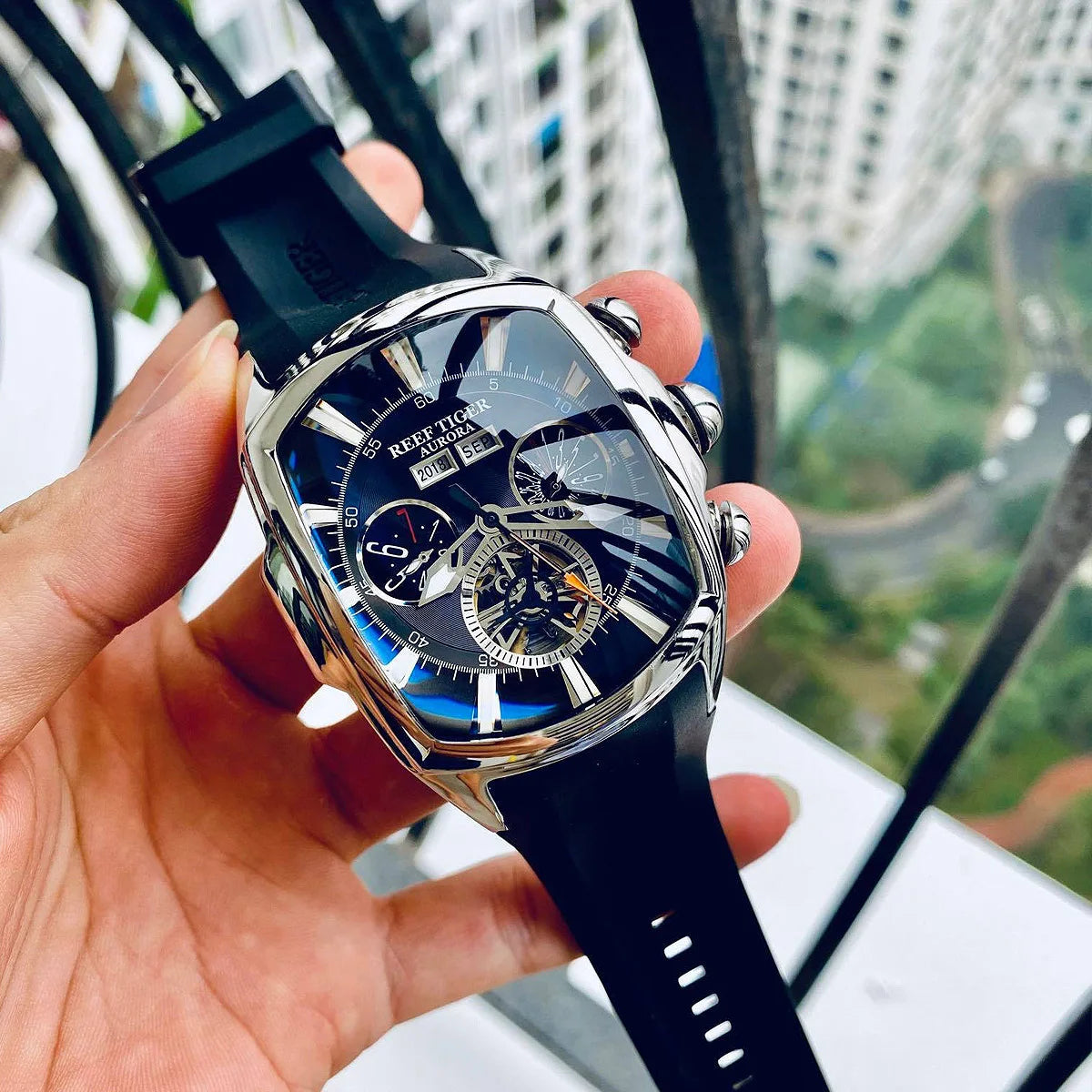 Reef Tiger/RT Designer Men Sport Watches Tourbillon Blue Dial Analog Display Rubber Strap Luminous Clock RGA3069