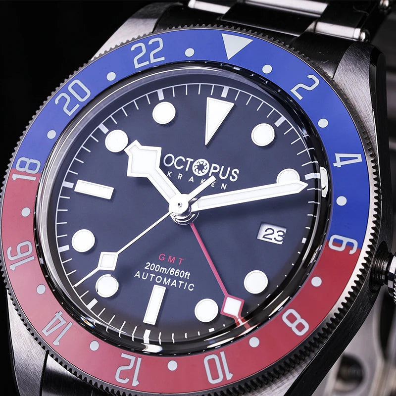 Octopus Kraken 39mm Retro GMT Watch For Men Cola Bezel Automatic Movement Wristwatch 20Bar Waterproof Sapphire Crystal Luminous