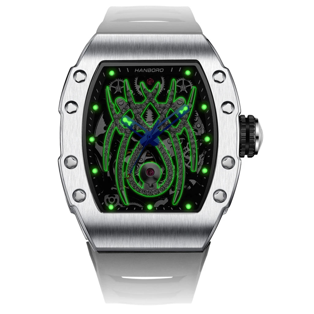 HANBORO Men Automatic Watch Luxury Mechanical Wristwatch Luminous Skeleton Tonneau Case Waterproof Rubber Strap Sport
