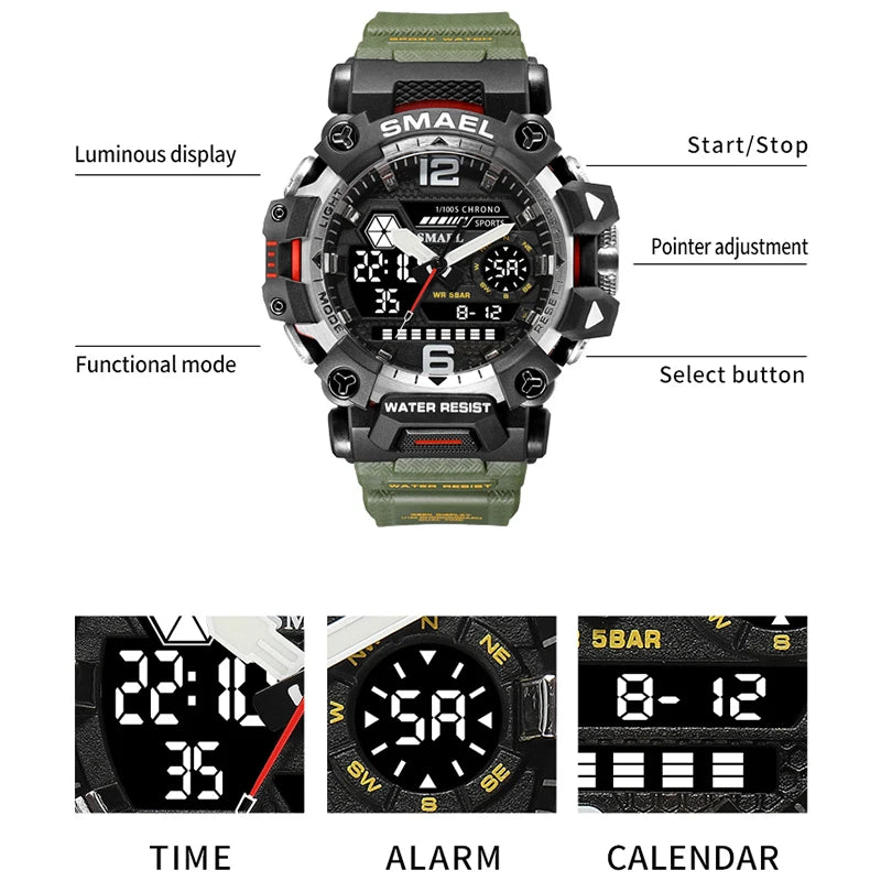 SMAEL Men Watches 50m Waterproof Sports Watch Military Man Sports Watch Digital 8072 Dual Display Watch Quartz Led Digital