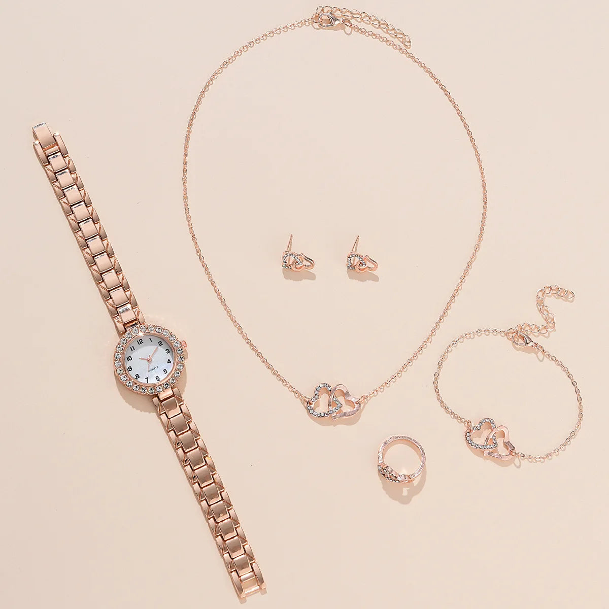 6PCS Set Ladies Watch Luxury Crystal Women Alloy Quartz Wristwatches Quartz Watch Casual Watch Necklace Bracelet Ring Set No Box