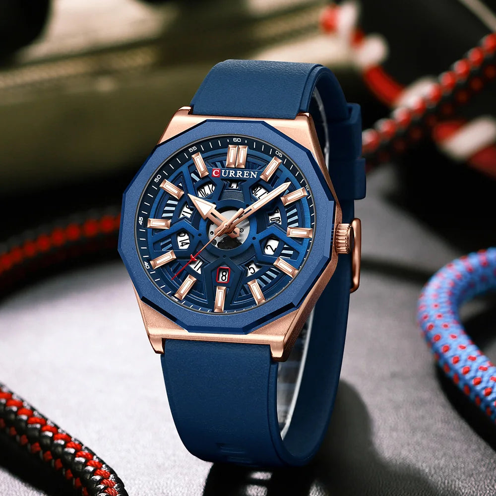 CURREN Fashion Creative Design Watches Men Quartz Silicone Strap Date Wristwatches for Male Clock with Luminous Hands