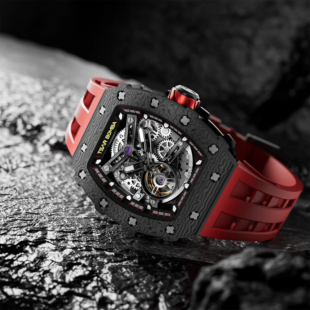 TSAR BOMBA Skeleton Mechanical Watch for Men Carbon Fiber Mens Automatic Watches Top Brand Luxury Waterproof Wristwatches