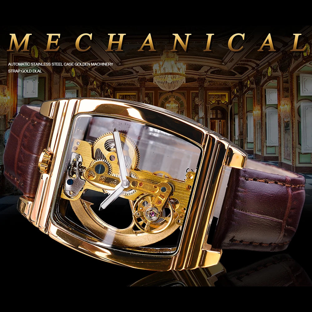 SHENHUA Transparent Royal Luxury Waterproof Automatic Mechanical Watch Leather Band Skeleton Tourbillion Gold Luminous Clock