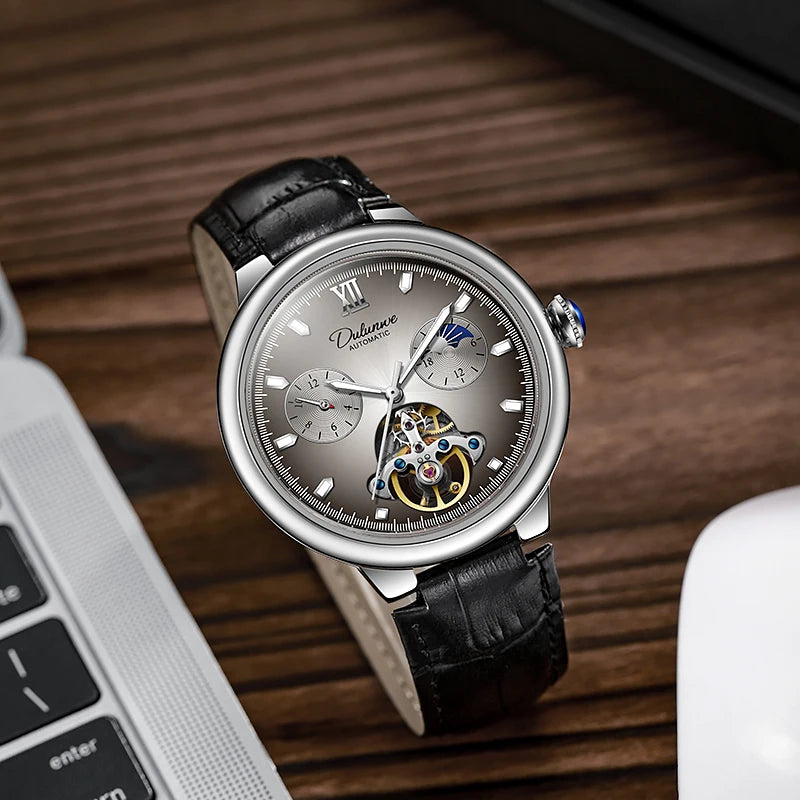 BOLYTE New Fashin Men's Automatic Watch Skeleton Starry Sky Moon Phase Luminous Waterproof Stainless Steel Mechanical Wristwatch